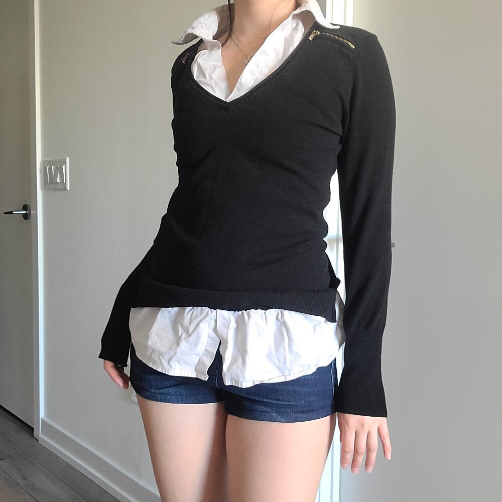 Morgan Slim Black Knit Shirt-Attached Top